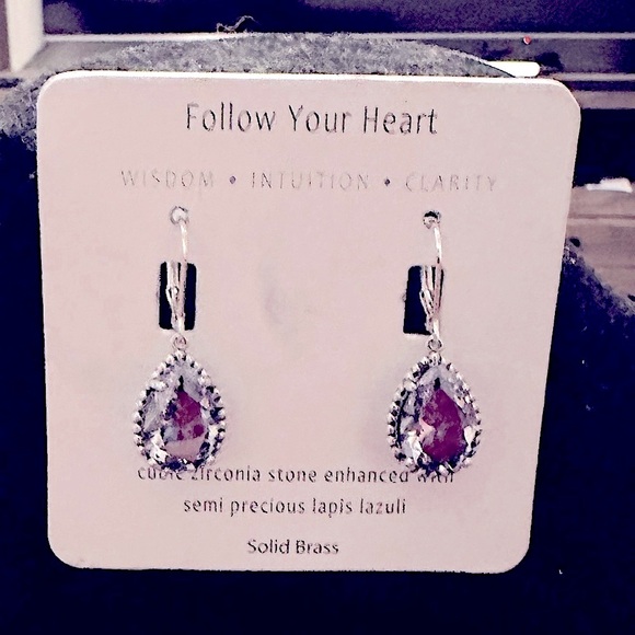 CZ / lapis lazuli lever back silver solid brass earrin… - Picture 1 of 2